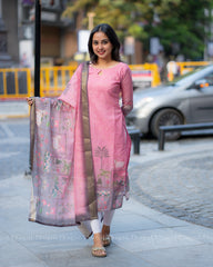 T323  Pinky Pichwai Kurta Set (Top-Dupatta)