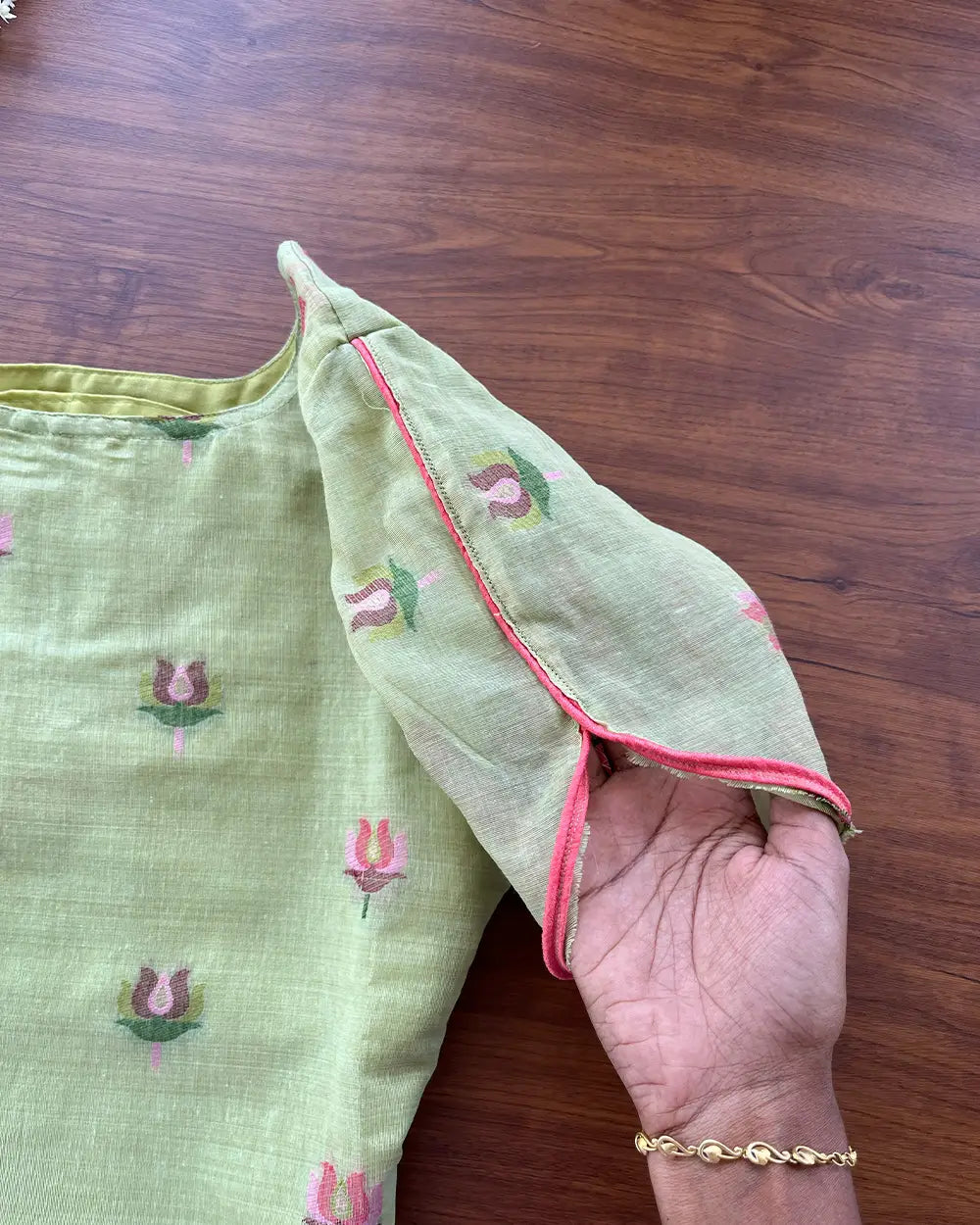 T094 Pista Green Lotus Kurta Set (Top-Dupatta)