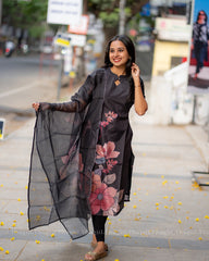T321 Black Blossom Kurta Set (Top-Dupatta)