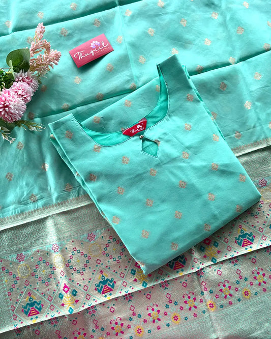 T199 Turquoise Banaras ArtSilk Kurta Set (Top-Dupatta)