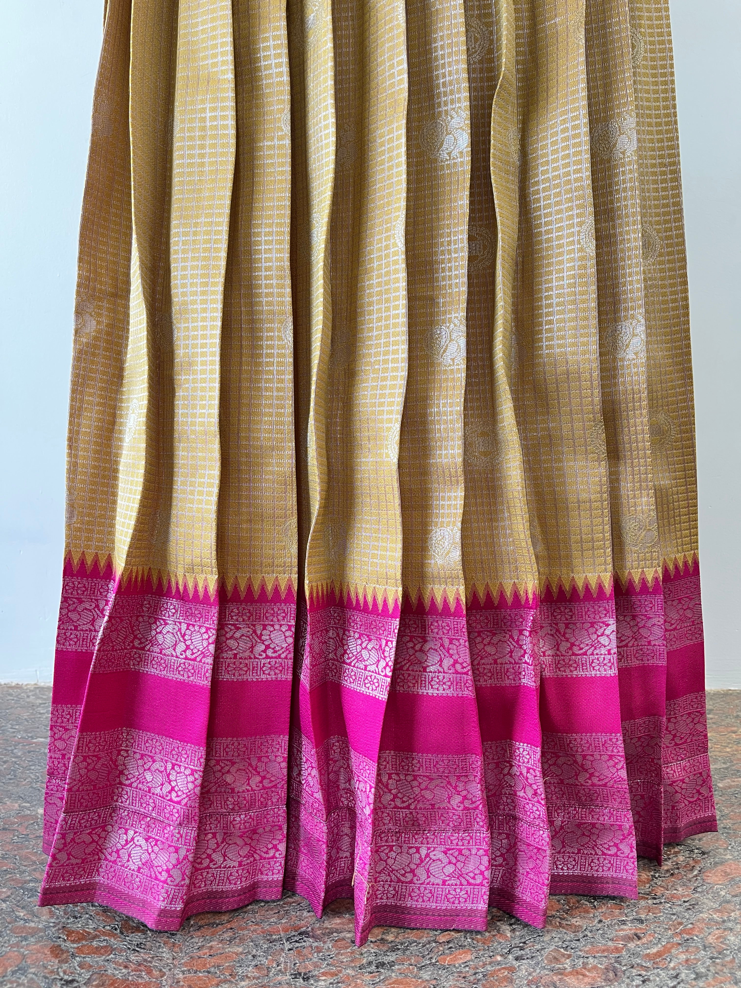 T098 Mustard - Pink Pleated Silk Maxi