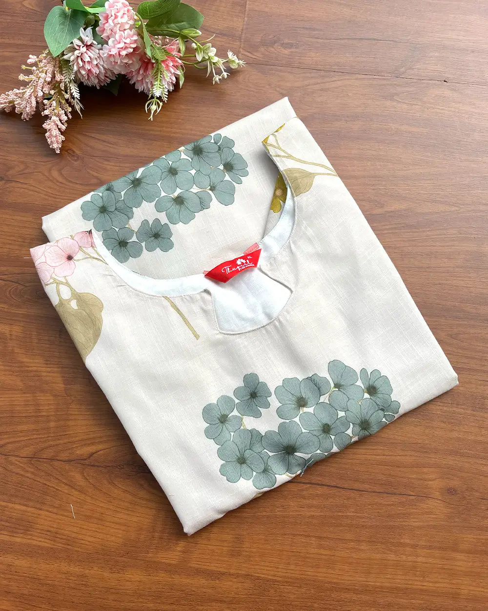 T244 Beige Floral Linen Kurta