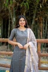 T531 Shalini (Grey) - Kurta Set (Top-Dupatta)