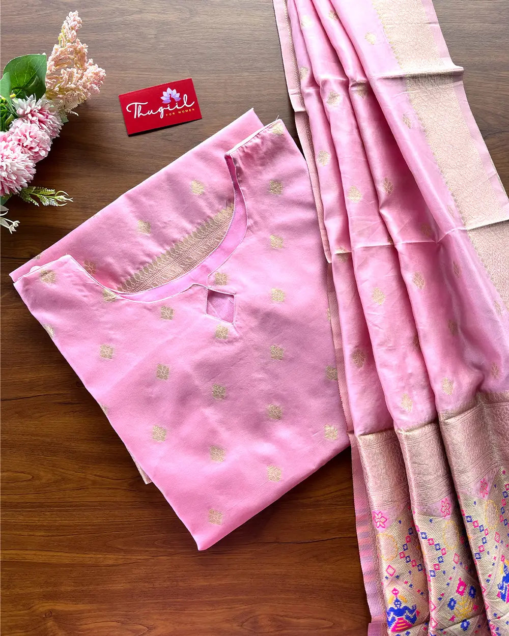 T200 Gulabi Banaras ArtSilk Kurta Set (Top-Dupatta)