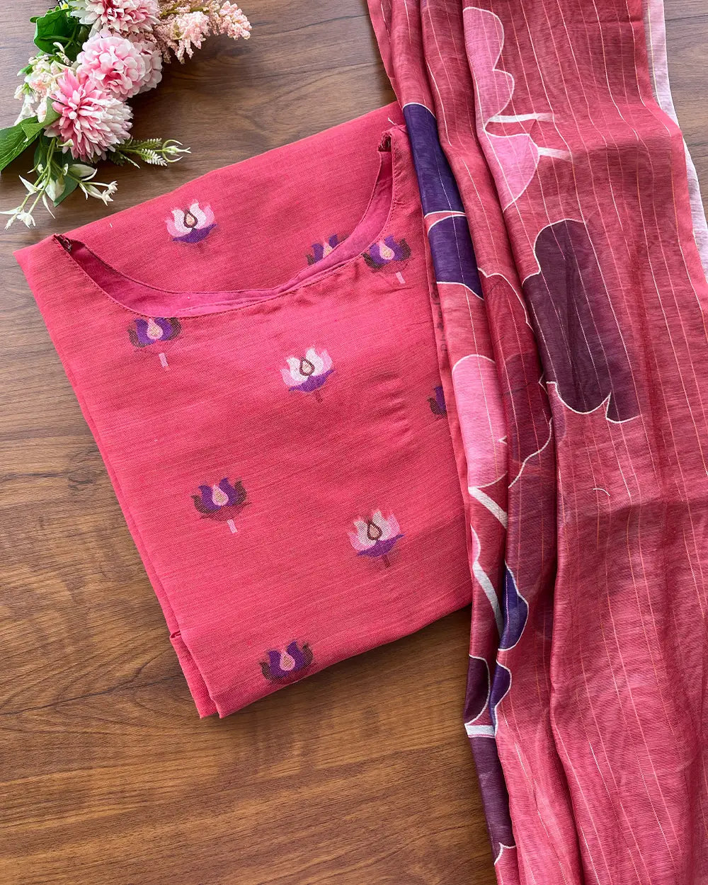 T095 PinkRed Lotus Kurta Set (Top-Dupatta)