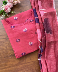 T095 PinkRed Lotus Kurta Set (Top-Dupatta)