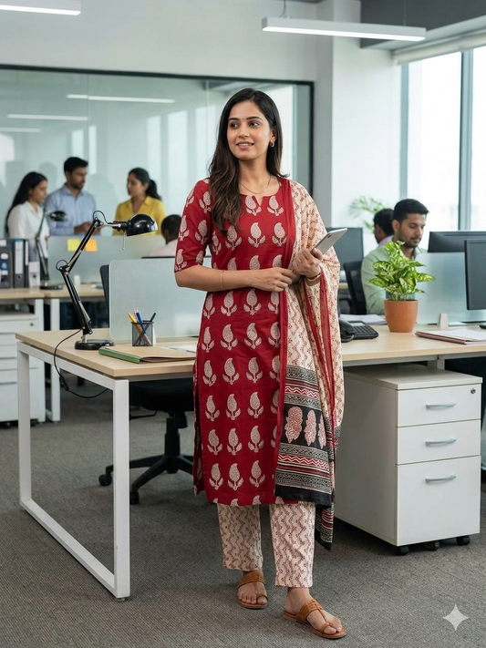 T355 Tharika - Cotton Hand-block Printed Kurta Set