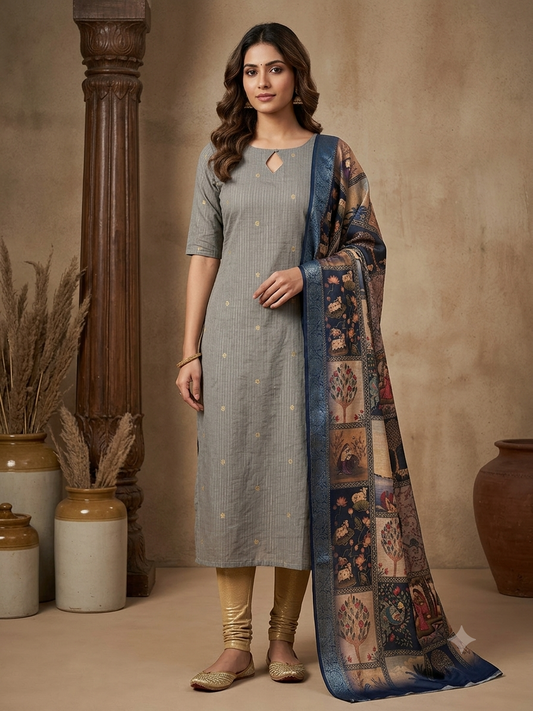 T491  Amrutha (Grey) - Kurta Set (Top-Dupatta)