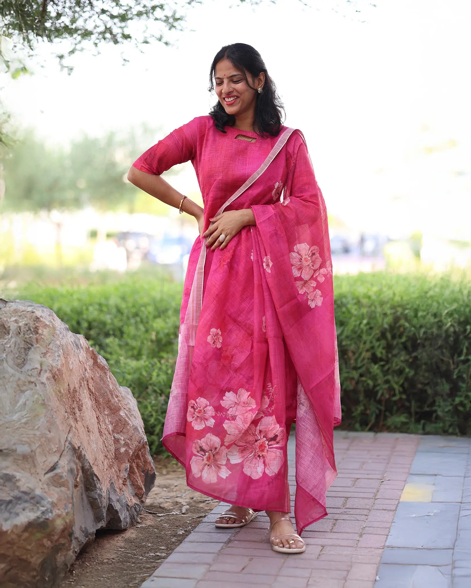 T037 Pink linen kurta set 3 pc