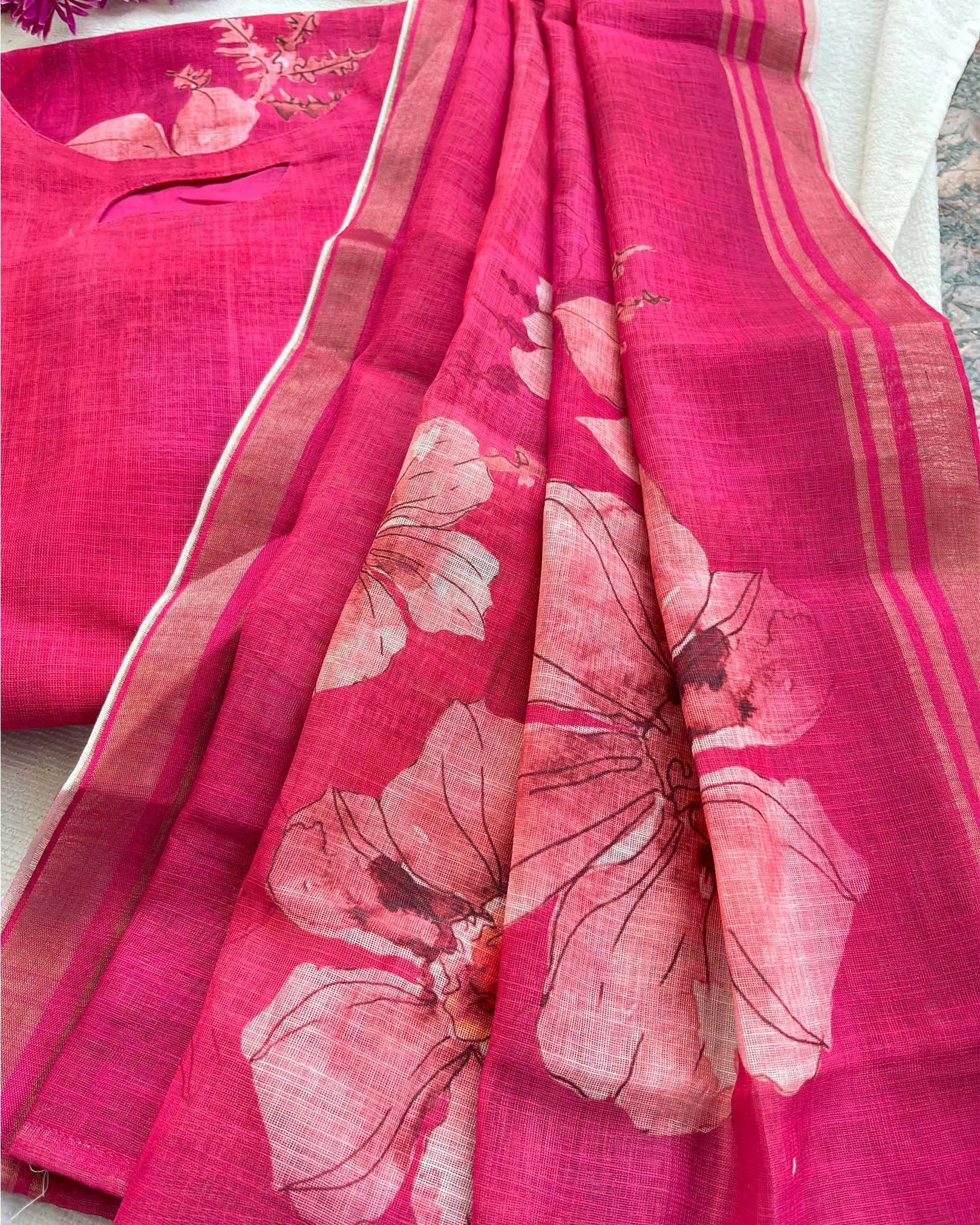 T037 Pink linen kurta set 3 pc