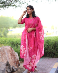 T037 Pink linen kurta set 3 pc