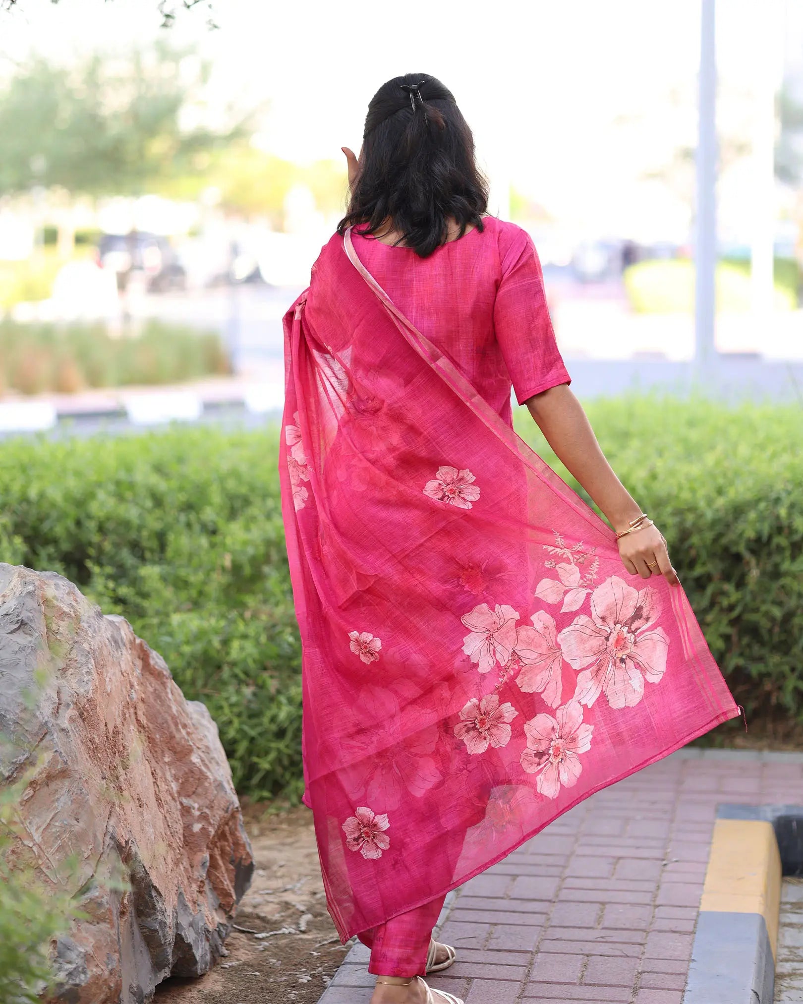 T037 Pink linen kurta set 3 pc