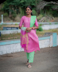 T038 Pink Pista Charm Katan Silk Kurta Set