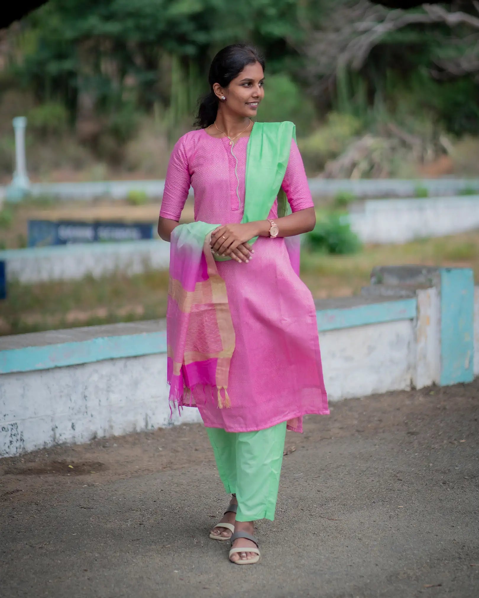 T038 Pink Pista Charm Katan Silk Kurta Set