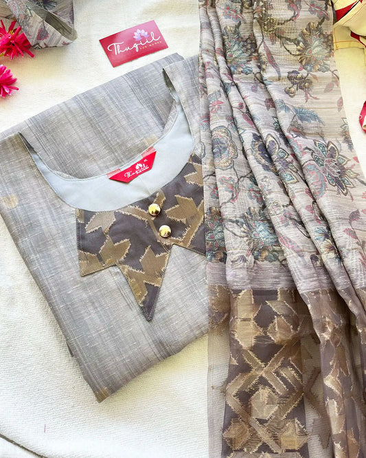 T048 LUXE - Grey Jute Silk Kurta Set (Top-Dupatta)