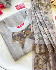 T048 LUXE - Grey Jute Silk Kurta Set (Top-Dupatta)
