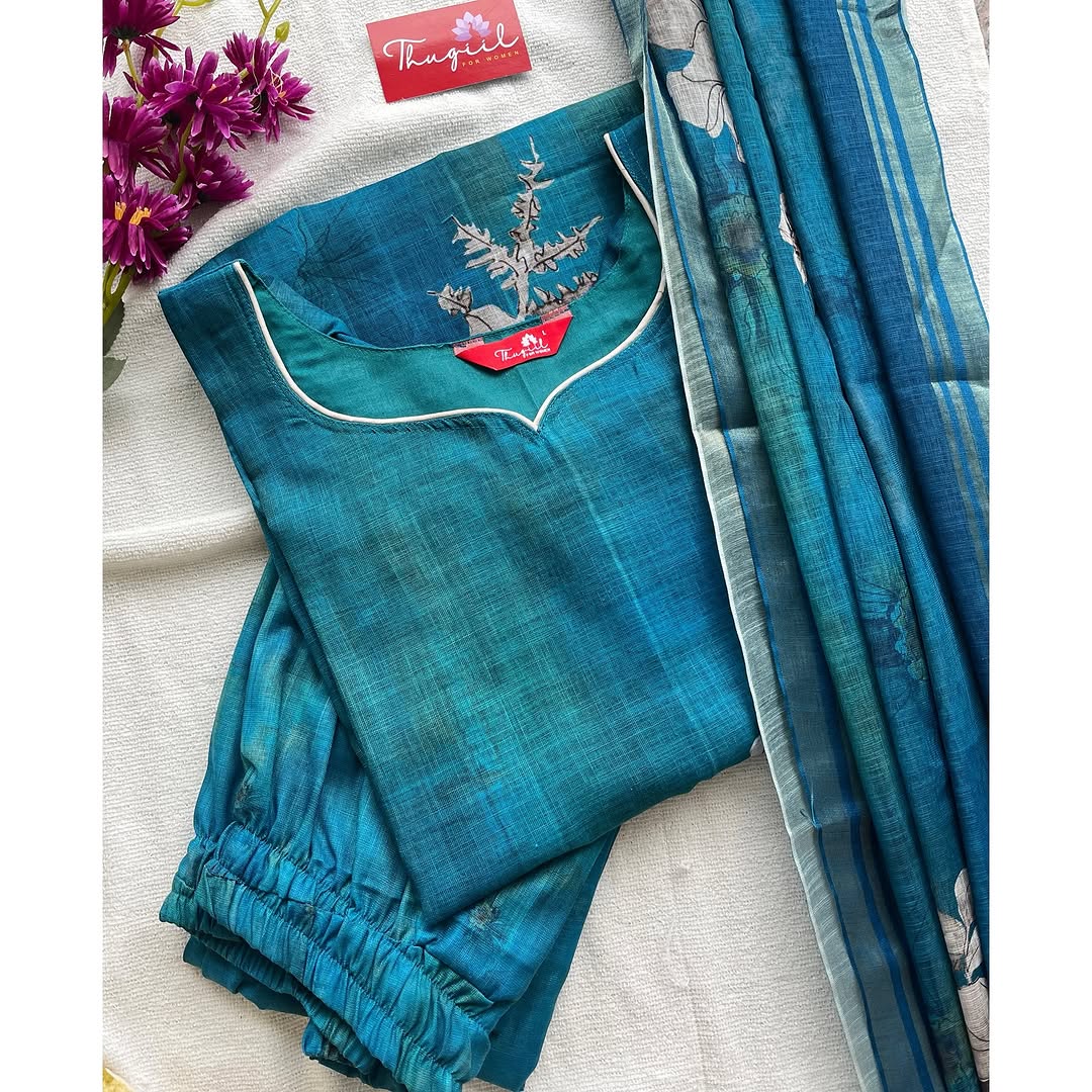 T053 Peacock linen kurta set