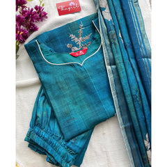T053 Peacock linen kurta set