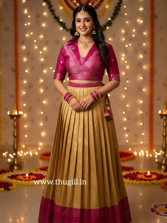 T098 Mustard - Pink Pleated Silk Maxi