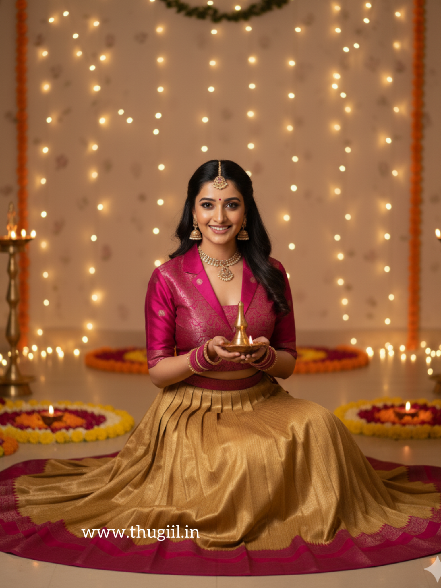 T098 Mustard - Pink Pleated Silk Maxi