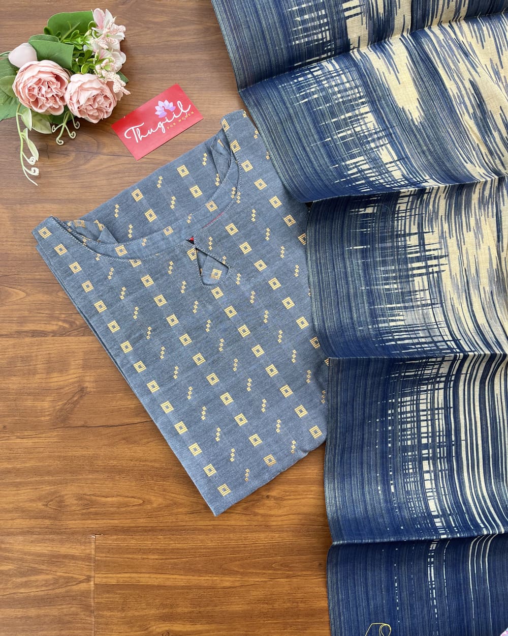 T268 Indigo Grey Kurta Set (Top - Dupatta)