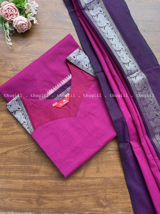 T331 Magenta Pink Chettinad Cotton Kurta Set (Top-Dupatta)