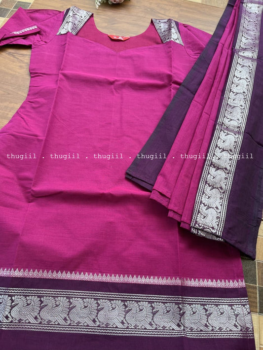 T331 Magenta Pink Chettinad Cotton Kurta Set (Top-Dupatta)