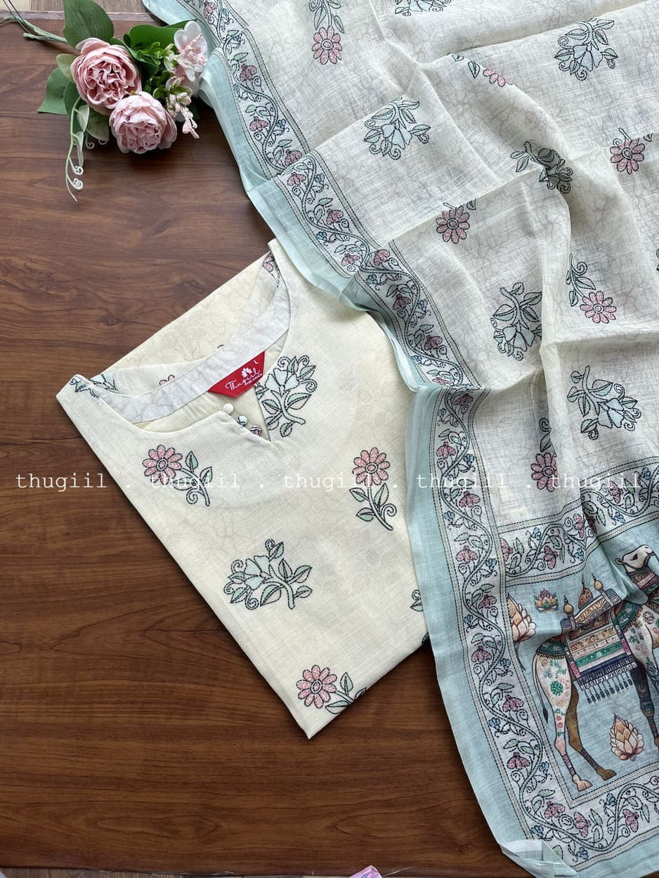 T291 Rajwadi Pastel Bloom Kurta Set (Top-Dupatta)