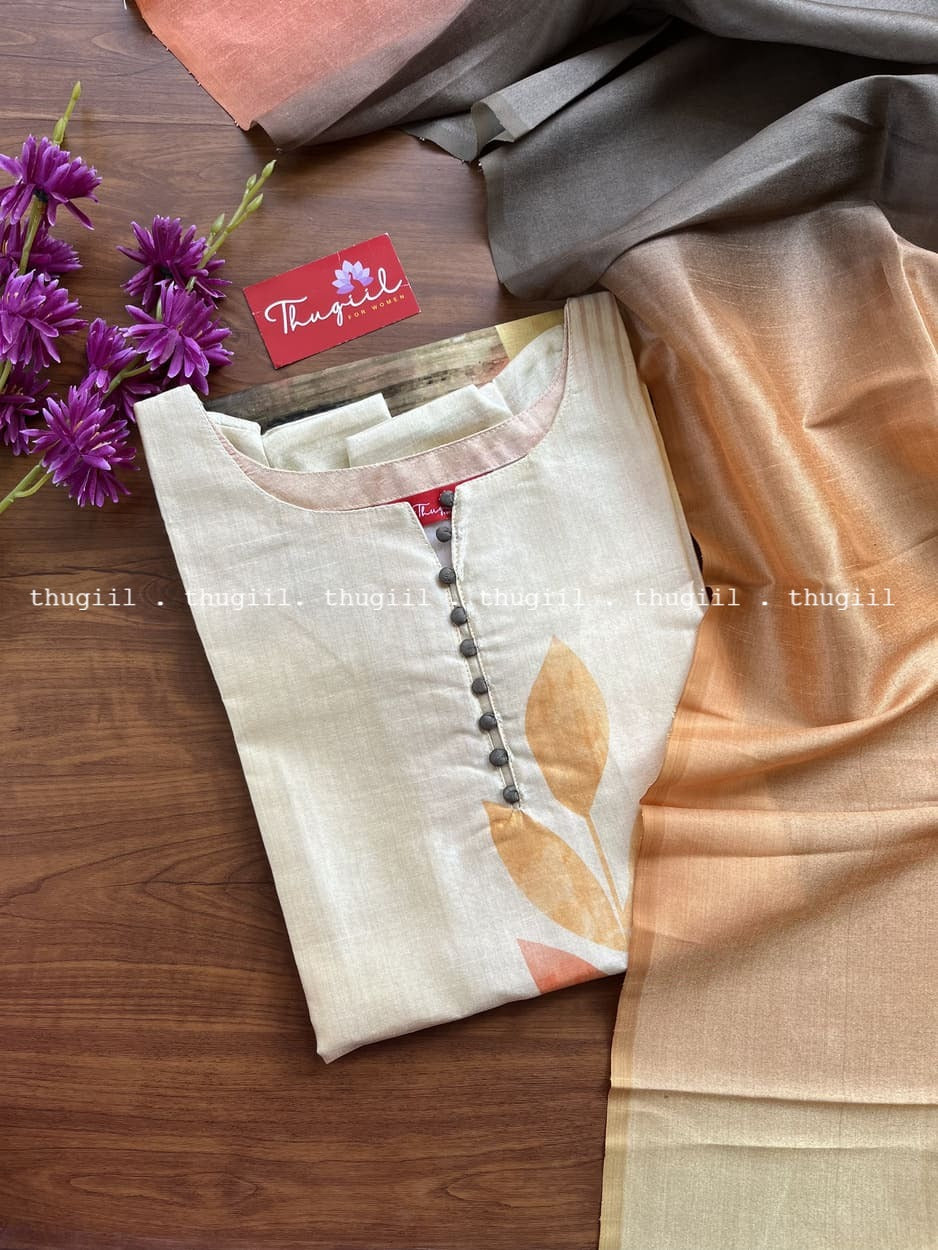 T307 Golden Leaf Kurta Set (Top-Dupatta)