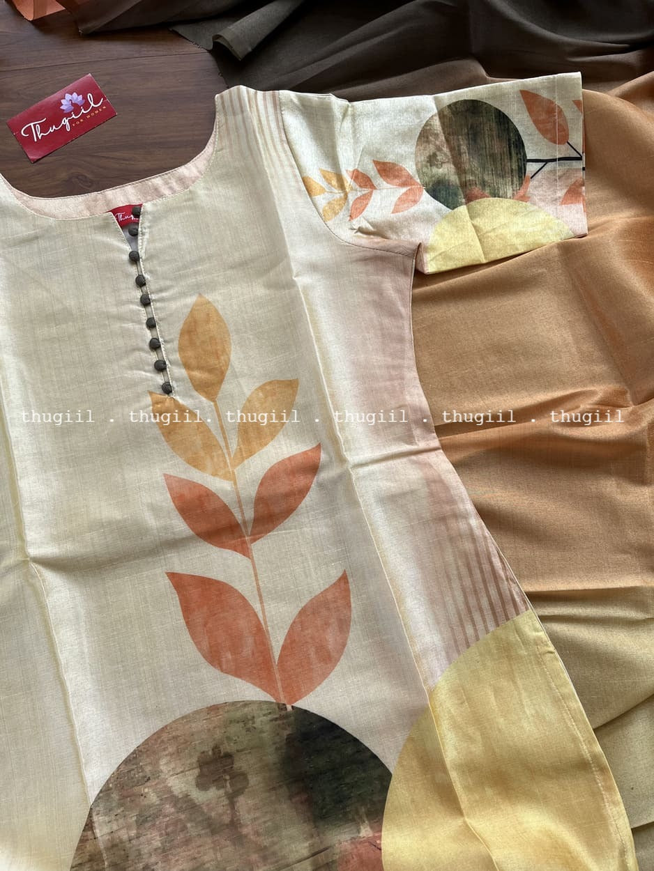T307 Golden Leaf Kurta Set (Top-Dupatta)