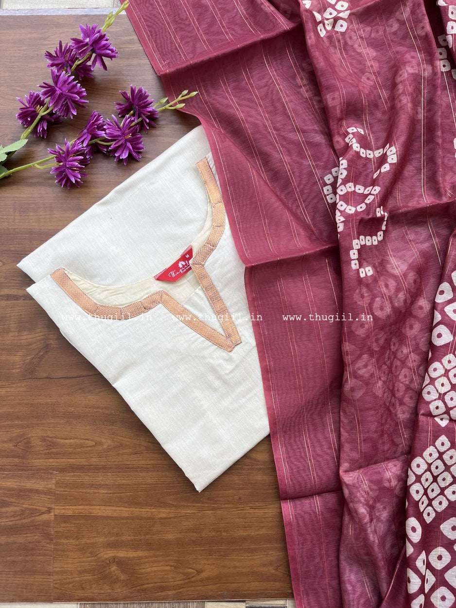 T318 Cream & Wine Kurta Set (Top-Dupatta)