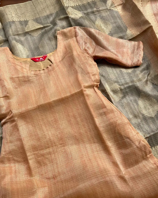 T216 Apricot Orange Kota Banaras Kurta Set (Top - Dupatta)