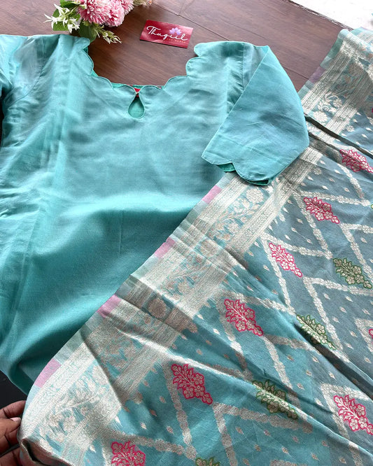 T230 Aqua Serenity Silk Kurta Set Kurta Set (Top - Dupatta)