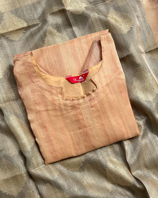 T216 Apricot Orange Kota Banaras Kurta Set (Top - Dupatta)