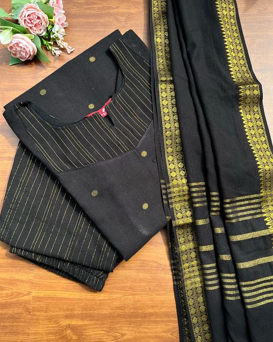T234 Black Handloom Cotton Kurta Set