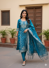 T185 Peacock Cotton Banaras Kurta Set (Top-Dupatta)