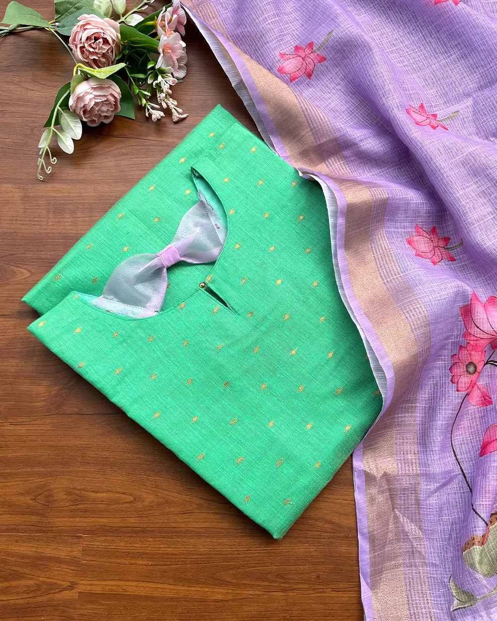 T228 Sea green Silk Kurta Set (Top - Dupatta)