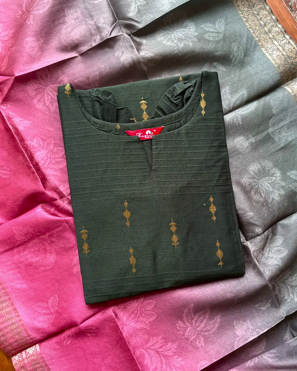 T225 Forest Dust Silk Kurta Set (Top - Dupatta)