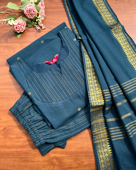 T235 Teal Handloom Cotton Kurta Set