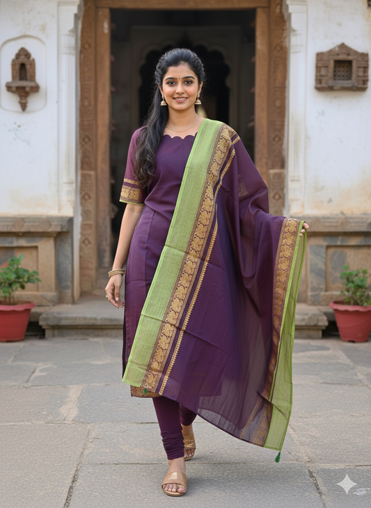 T182 Maroon Chettinad Cotton Kurta Set (Top-Dupatta)