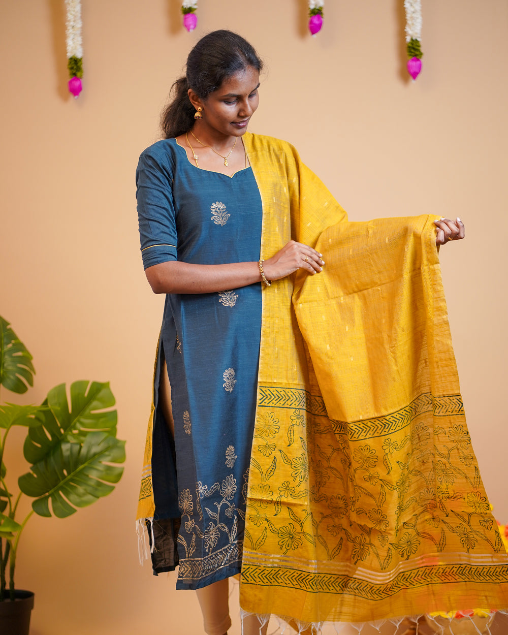 T203  Teal Gold Elegance Kurta Set (Top - Dupatta)