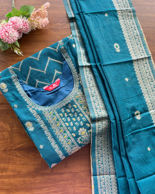 T185 Peacock Cotton Banaras Kurta Set (Top-Dupatta)