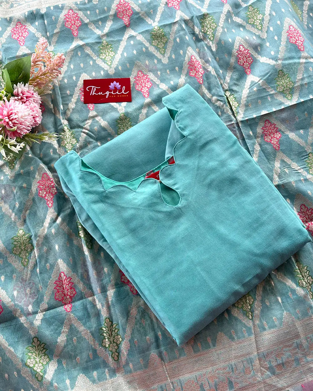 T230 Aqua Serenity Silk Kurta Set Kurta Set (Top - Dupatta)