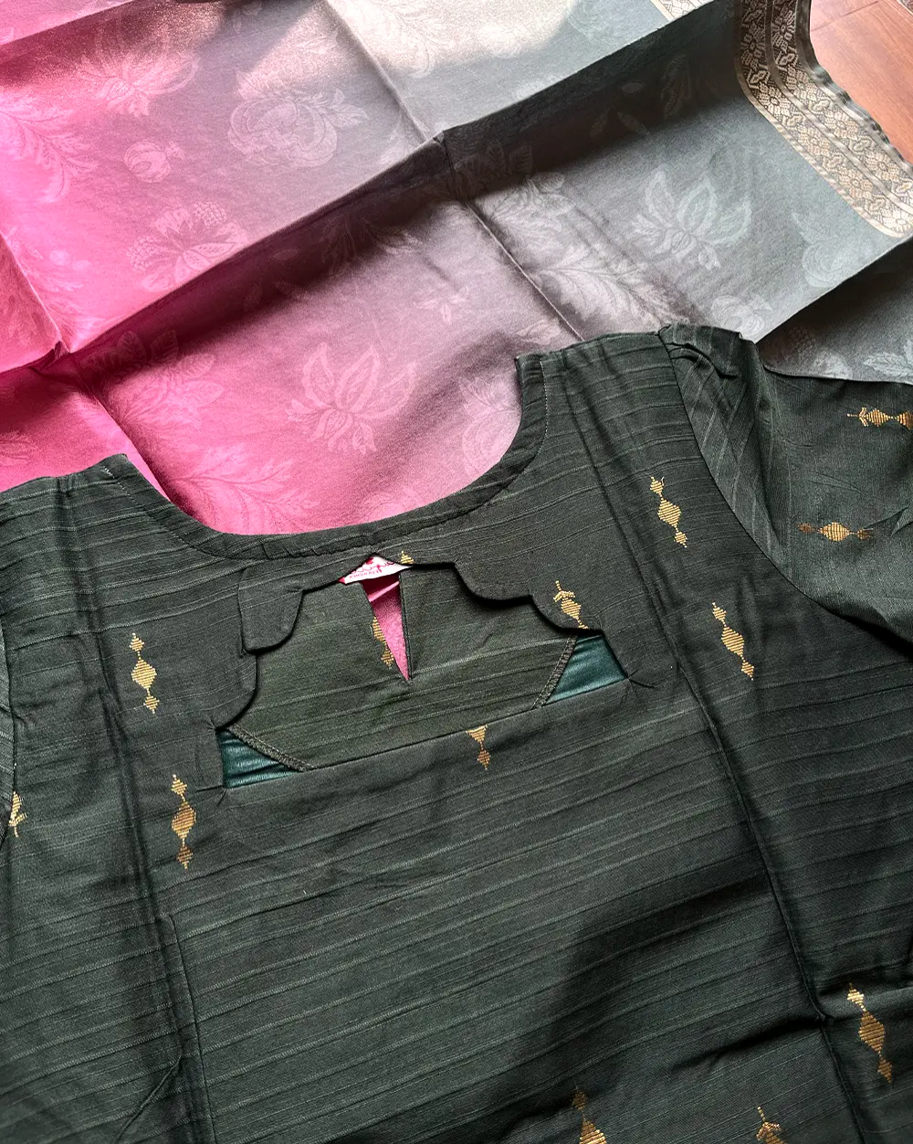 T225 Forest Dust Silk Kurta Set (Top - Dupatta)