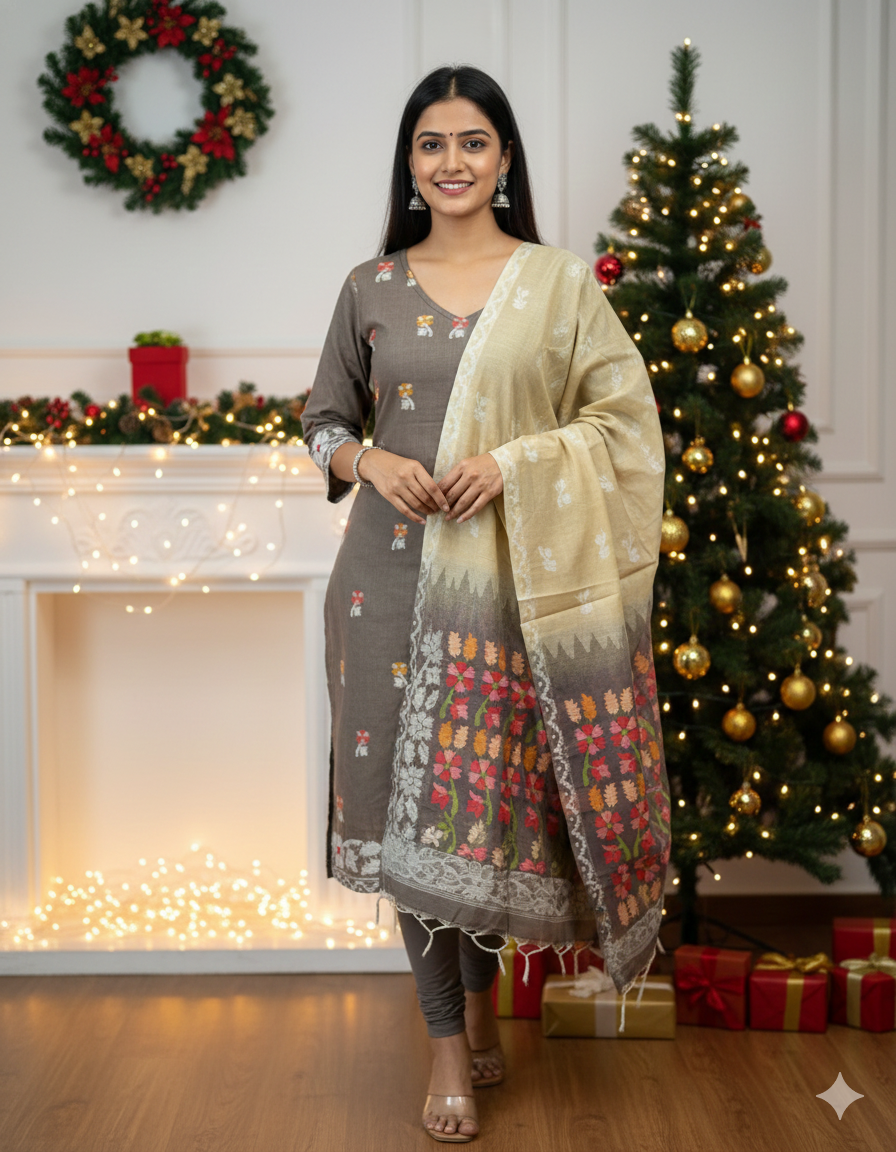 T205 Ready to Dispatch - Smoke Grey Kurta Set (Top-dupatta)