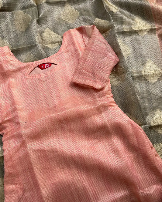 T214 Pink Kota Banaras Kurta Set (Top - Dupatta)