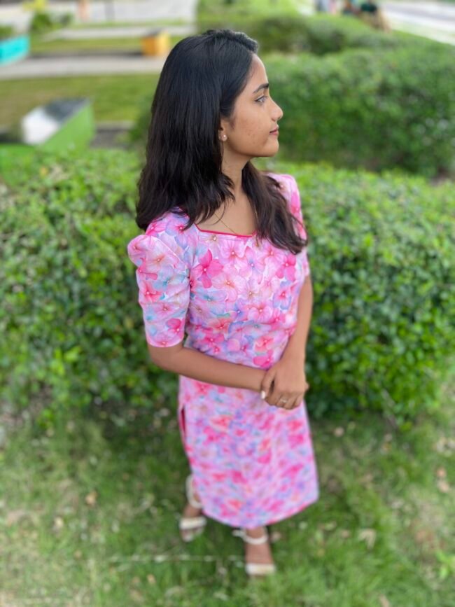 TK021 Pink Floral Cotton Kurta - Image 6