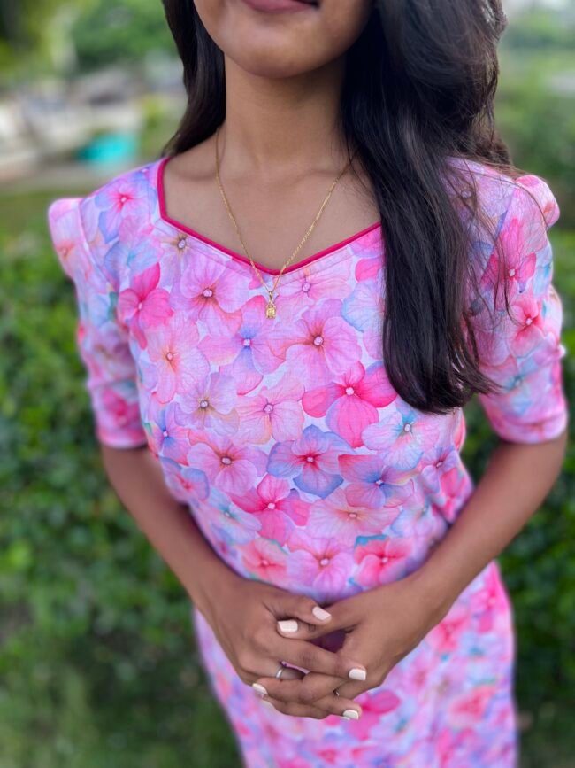 TK021 Pink Floral Cotton Kurta - Image 3