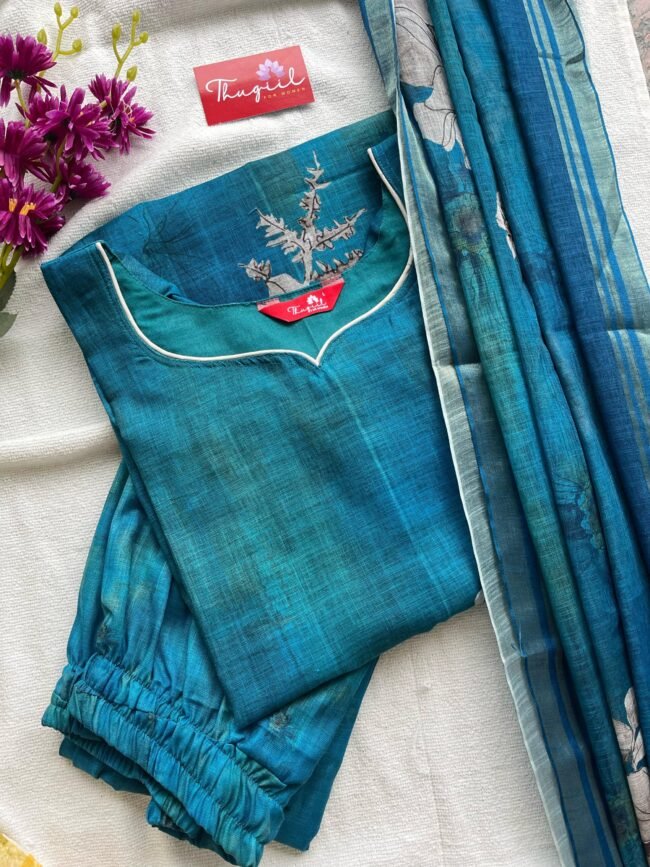 TKS019 Peacock linen cotton kurta set - Image 2