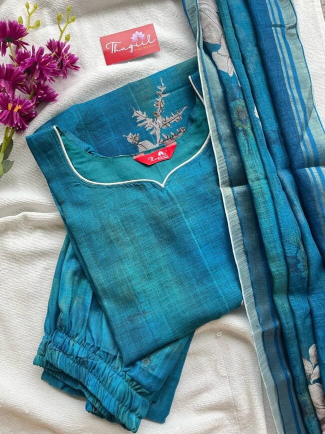 TKS019 Peacock linen cotton kurta set
